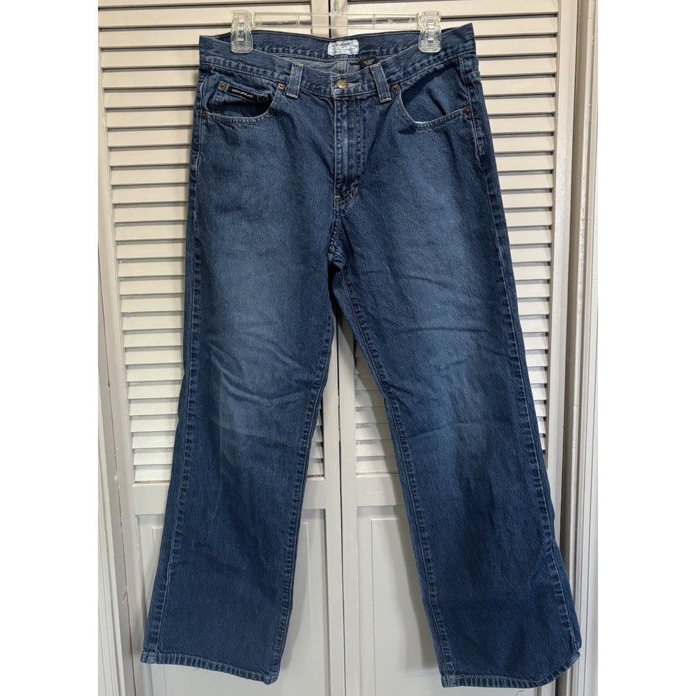 DKNY Med Wash Denim Straight Leg Jeans Mid Rise Size 32x32‎ Pockets Logo